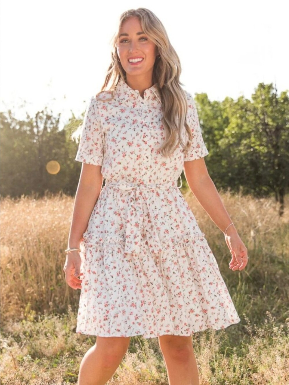 NWTs Ivy City Co Ditsy Floral Shirt Dress Garden Tiered Ruffle Button-Up Prairie